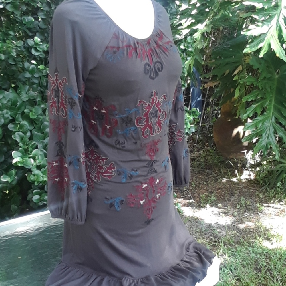 CAITE grey Embroidered Boho Dress Small
